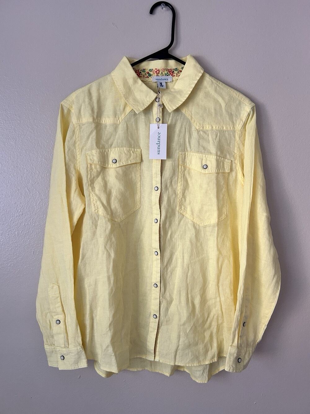 Sundance Yellow 100% Linen Western Snap Long Sleeve Shirt Women Size M NWT